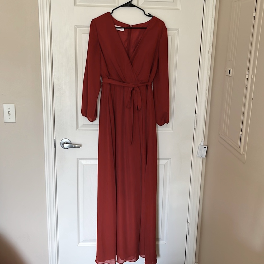 JJ House rust color maxi dress with love sleeves, deep V, tie waist and leg slit